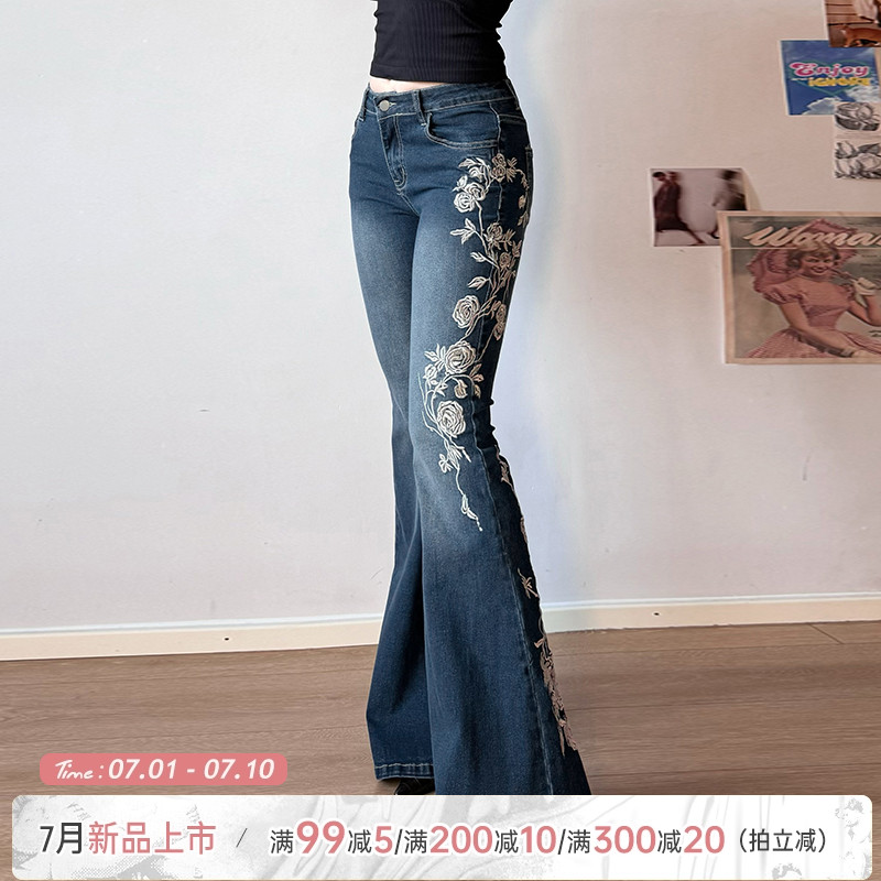 vintage玫瑰刺繡修身牛仔褲