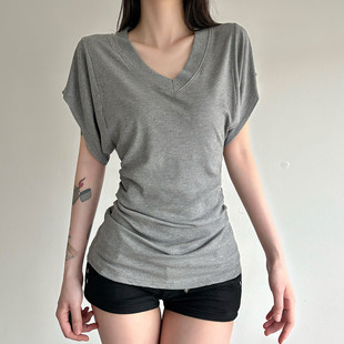 针织T恤夏纯色慵懒风上衣 灰色基础V领蝙蝠袖 ROCKMORE 通勤舒适