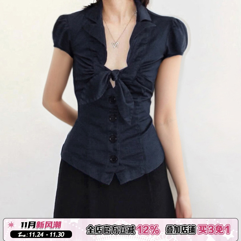 蝴蝶结绑带领口泡泡短袖排扣衬衫