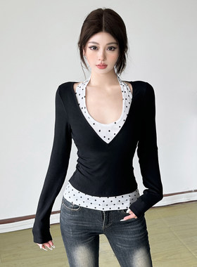 ROCKMORE【韩系嗲妹】白色波点挂脖背心+黑色深V领长袖T恤两件套