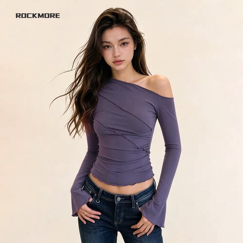 氛围感灰紫色斜肩喇叭长袖T恤女