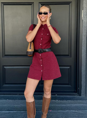 ROCKMORE【美式气质】红色排扣收腰修身格子衬衫裙小众辣妹连衣裙