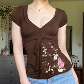 vintage花卉刺绣棕色短袖 ROCKMORE 古早辣妹 T恤方领系带上衣夏