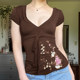 vintage花卉刺绣棕色短袖 ROCKMORE 古早辣妹 T恤方领系带上衣夏