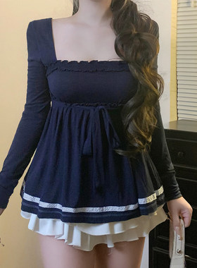 ROCKMORE【甜辣复古】少女绑带蝴蝶结收腰方领T恤蓝色基础A摆上衣