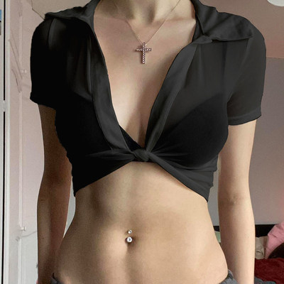 欧美网纱透视扭结短袖T恤