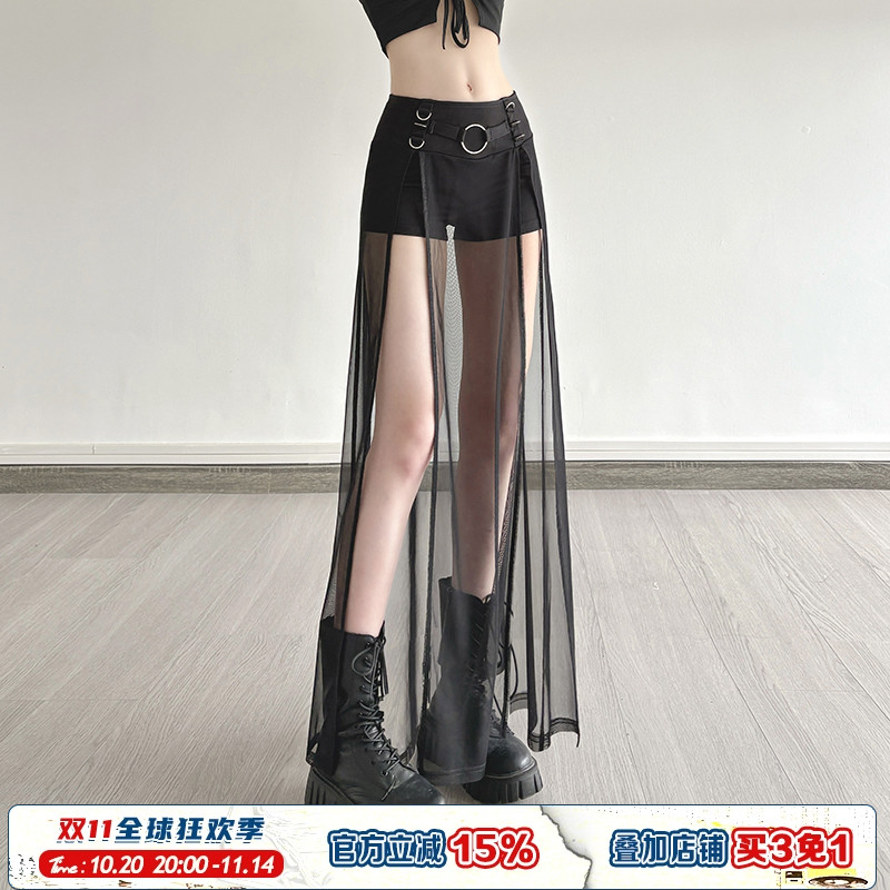 金属扣不规则网纱开叉拼接皮裤女