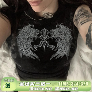 ROCKMORE暗黑厌世风翅膀印花短袖T恤潮 街头百搭圆领辣妹显瘦上衣