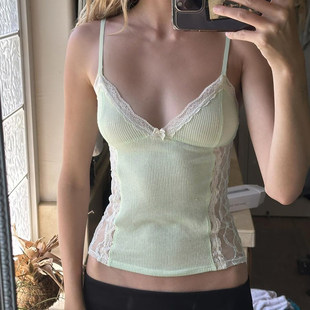 甜辣小清新背心 曼波绿蕾丝网纱拼接V领吊带 ROCKMORE 薄荷清茶