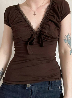 ROCKMORE【复古森系】法式V领蕾丝拼接系带短袖T恤小众简约风上衣