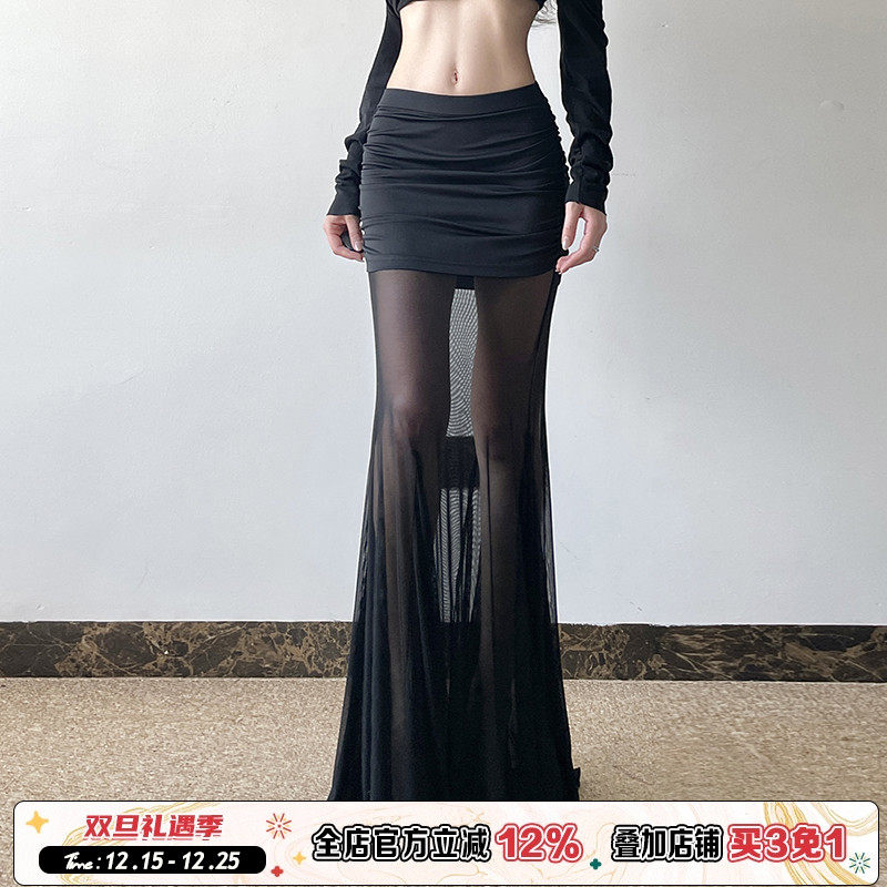 黑色透视网纱拼接缩褶半裙
