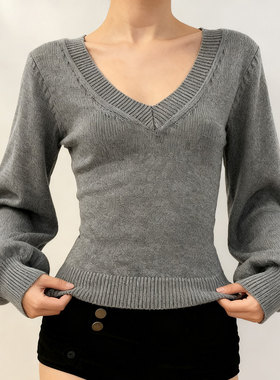 ROCKMORE【美式辣妹】灰色V领低胸辣妹长袖毛衣 性感百搭秋季上衣
