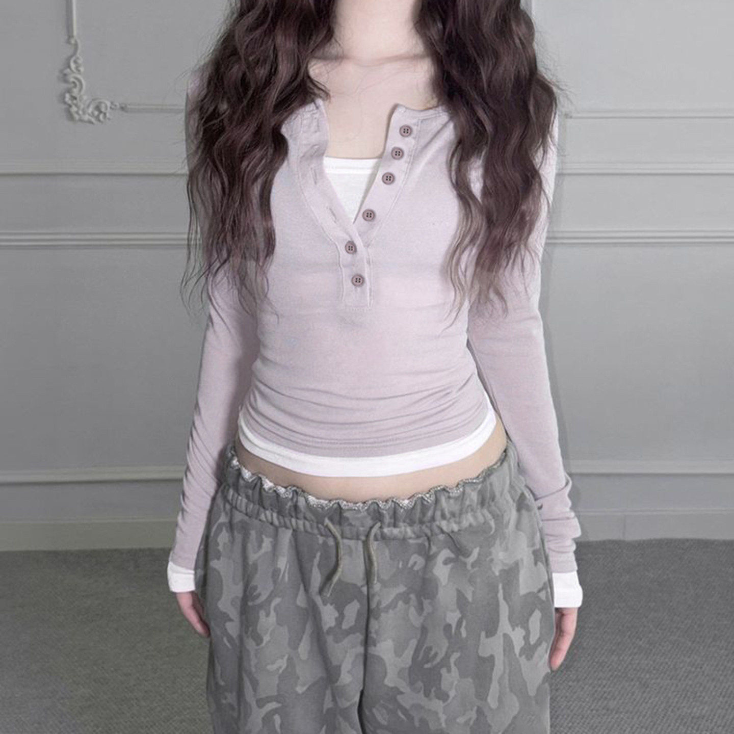 ROCKMORE【简约气质】浅紫色假两件排扣开襟针织上衣修身休闲T恤,女装/女士精品,T恤,淘宝优惠券,粉丝福利购,淘宝优惠卷