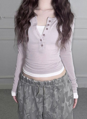 ROCKMORE【简约气质】浅紫色假两件排扣开襟针织上衣修身休闲T恤