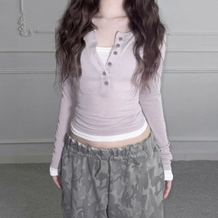 休闲T恤 浅紫色假两件排扣开襟针织上衣修身 ROCKMORE 简约气质