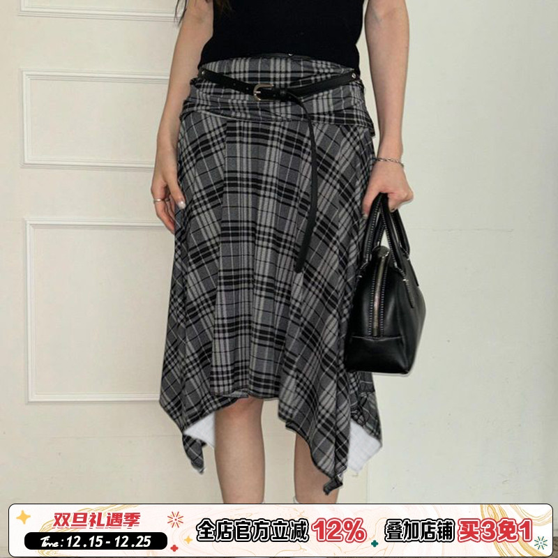 格纹不规则下摆半身裙