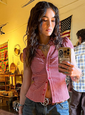 ROCKMORE【美式辣妹】复古红色格纹基础短袖衬衫修身显瘦休闲上衣