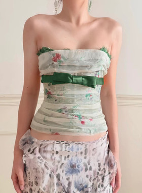 ROCKMORE【秘境仙女】法式绿色花卉网纱抹胸少女蝴蝶结束胸上衣夏