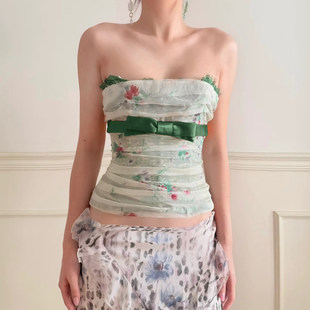 绿色花卉网纱抹胸少女蝴蝶结束胸上衣夏 法式 ROCKMORE 秘境仙女