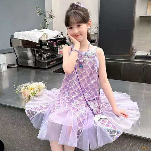 2025新款女童贝壳鱼鳞片背心裙美人鱼挂脖公主裙网纱拼接连衣裙潮