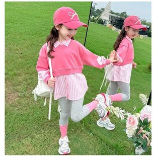 2025新款春秋女宝宝衬衫洋气儿童时髦后背蝴蝶结条纹时尚套装女孩