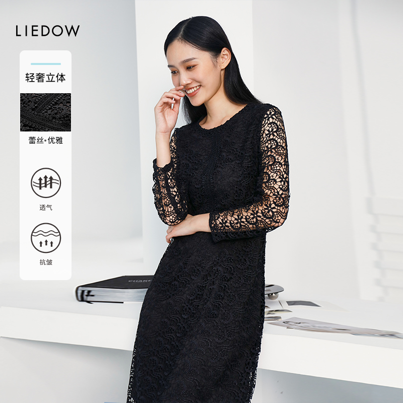 liedow/蕾朵2021秋新款女装气质修身长袖蕾丝连衣裙女短款公主裙