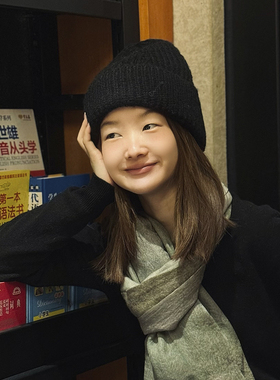 L.WANG 乐往原创女装 秋冬保暖简约翻边羊毛混纺文艺百搭毛线帽子