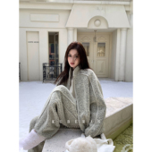 KUBERAS 套装 短款 宽松设计感皮条拼接立领毛呢夹克羊毛短外套长裤