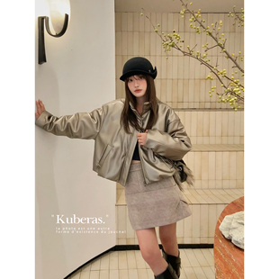 KUBERAS 简约复古短款高腰设计感褶皱毛呢半身裙百搭显瘦A字短裙