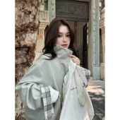 宽松复古格子翻边袖 KUBERAS 短款 立领腰带风衣夹克高级感休闲外套