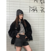 KUBERAS 复古宽松高级感中古风丝绒立领夹克棉服加厚棉衣短外套