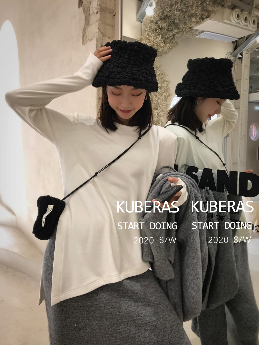 KUBERAS/版型取胜 时髦柔感细腻宽松不规则开叉抓绒圆领T恤/三色