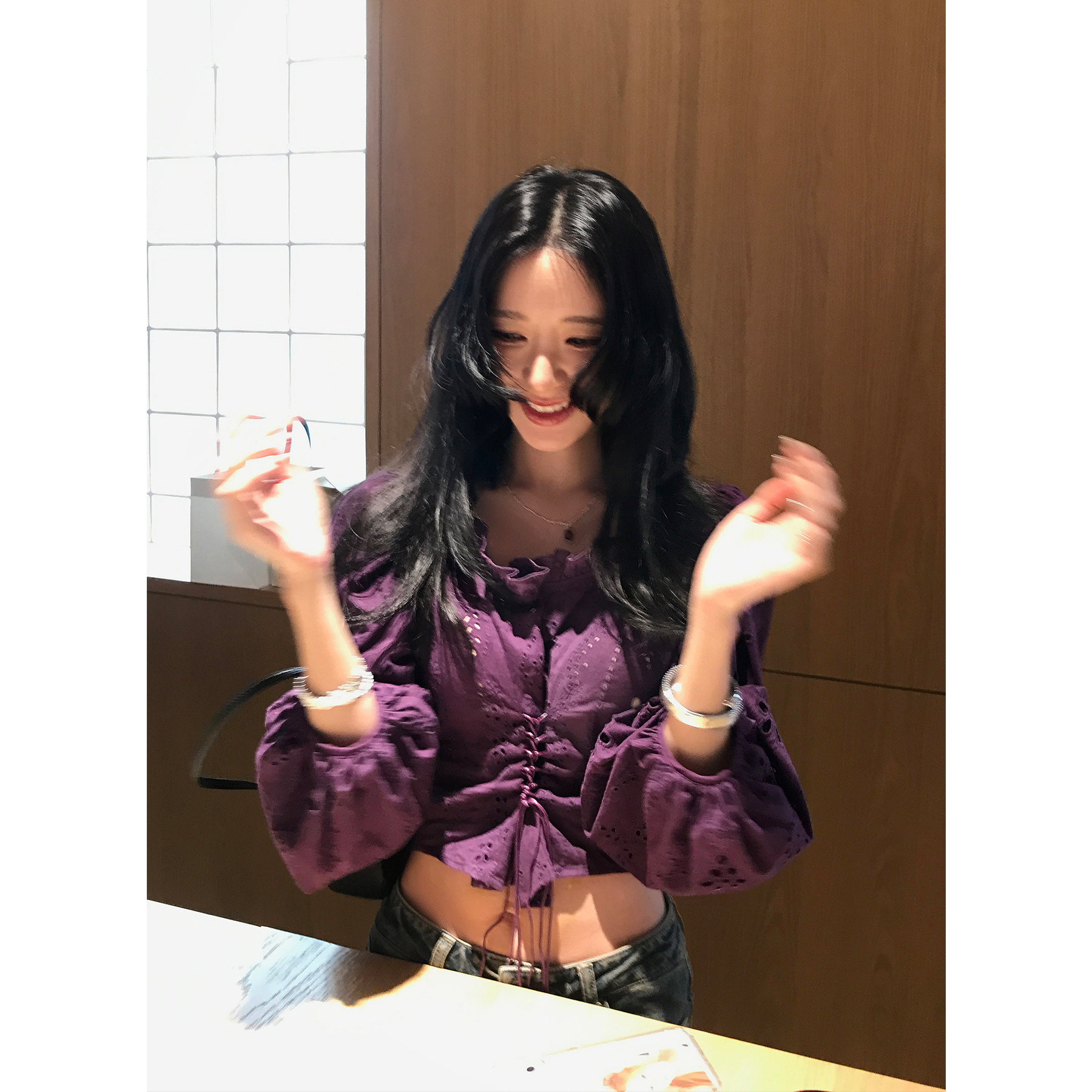 Hoo miyao 韩系设计紫色系带泡泡袖衬衫收腰镂空蕾丝小衫短款上衣