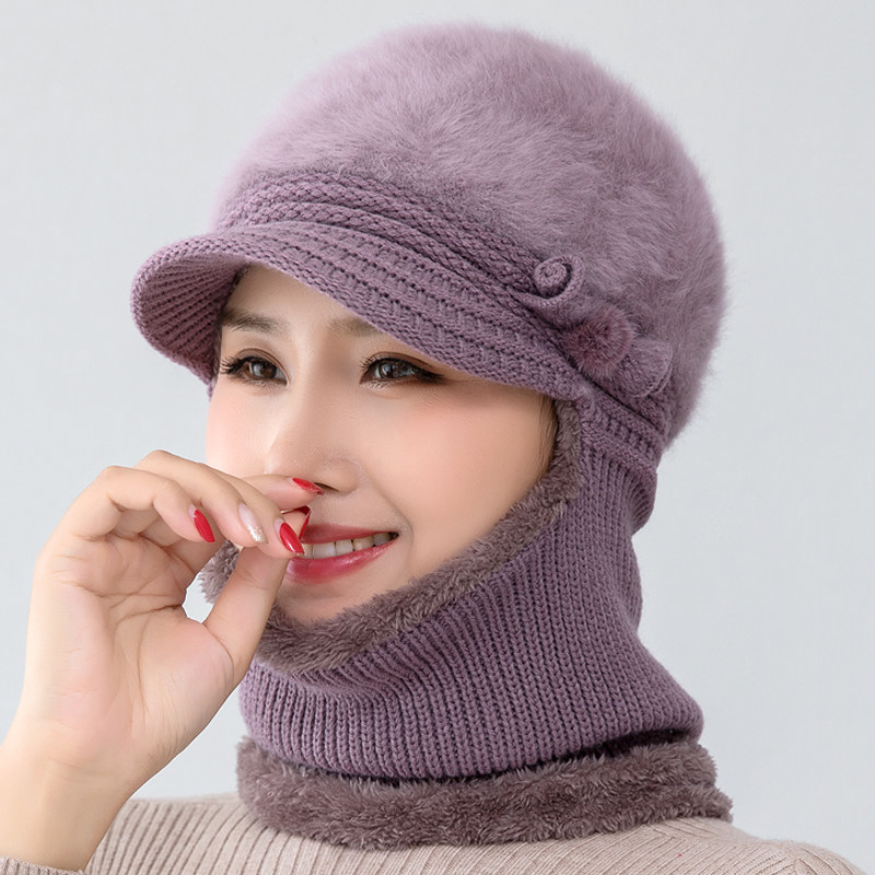 冬季加绒保暖帽户外骑车护脸防寒毛线帽子兔毛混纺连体帽针织帽冬