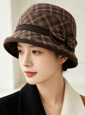 秋冬格纹保暖蝴蝶结渔夫帽女