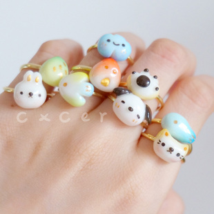 可爱 手作粘土戒指 萌系 猫狗爪鸟云朵屋 手工 原创设计 陈小船儿