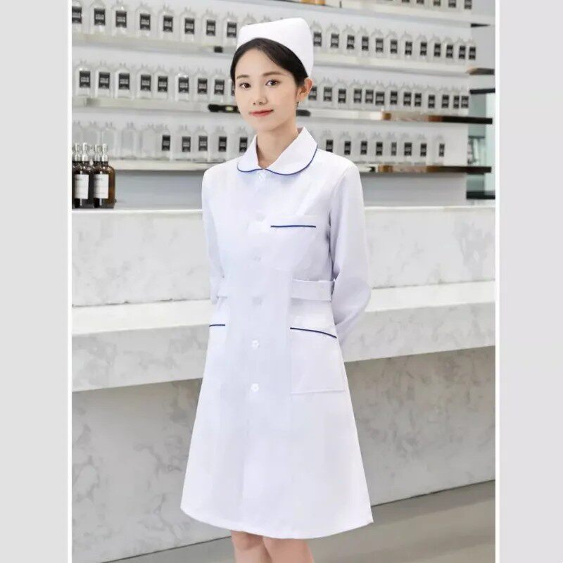 护士服长袖药店医师服加蓝边白色工服美容院制服口腔医院实习圆领