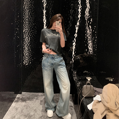 做旧水洗直筒低腰牛仔裤长裤