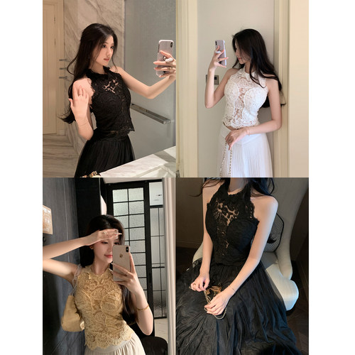 高级感重工蕾丝挂脖吊带背心