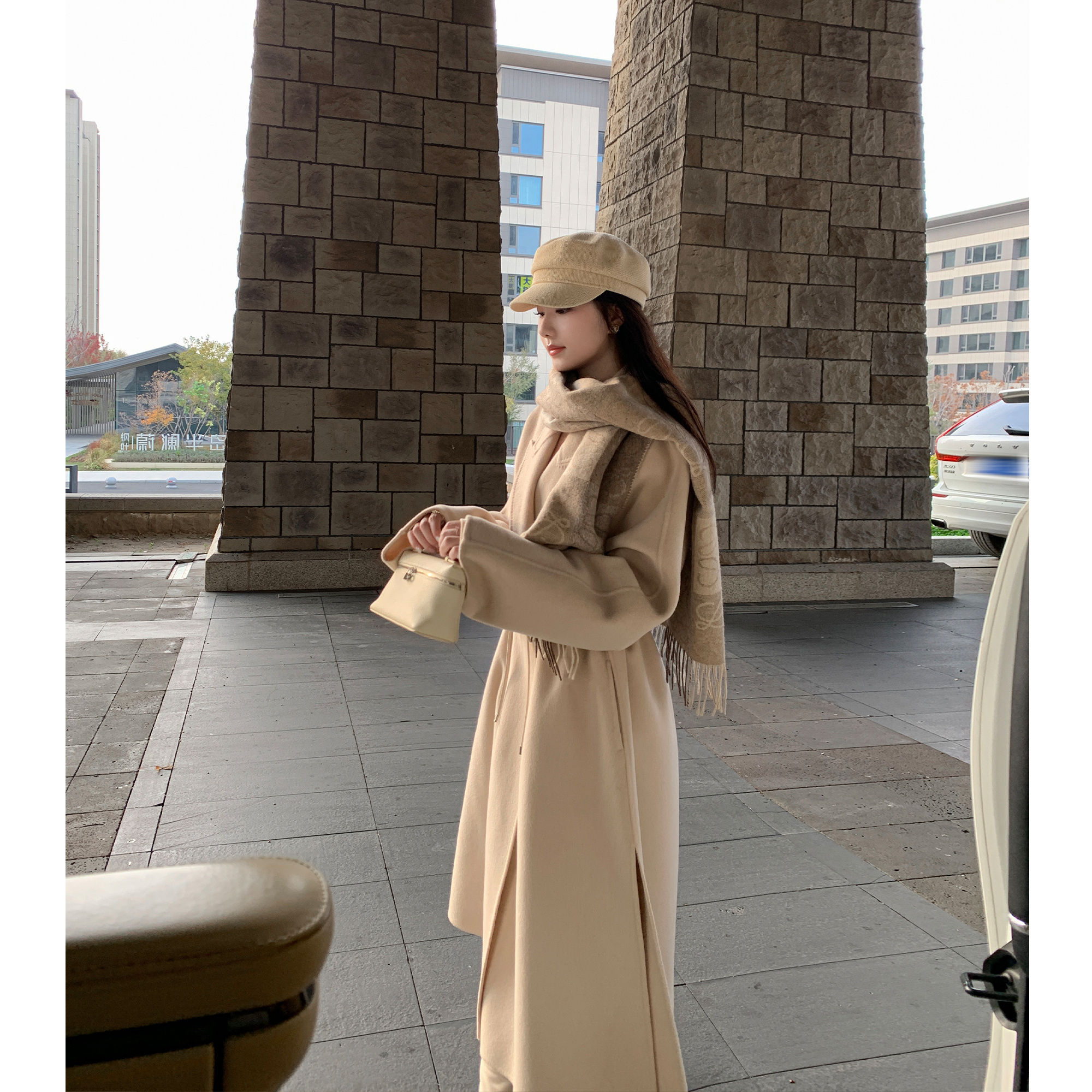 双面羊毛大衣女长款抽绳毛呢外套