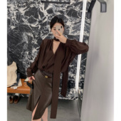 Middletone 决美腰臀比 仿小羊皮皮裙包臀裙PU皮高腰前开衩半裙