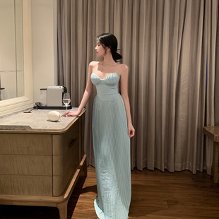 Middletone 贝壳裙 巨耗时重工压褶优雅抹胸连衣裙高级感长裙