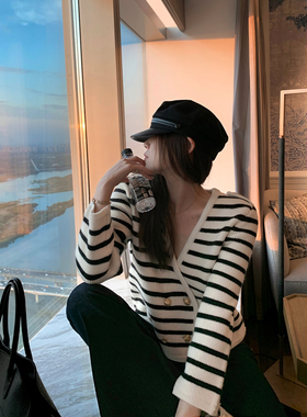 Middletone | ce林开衫 highline私服线条纹开衫女V领针织毛衣秋