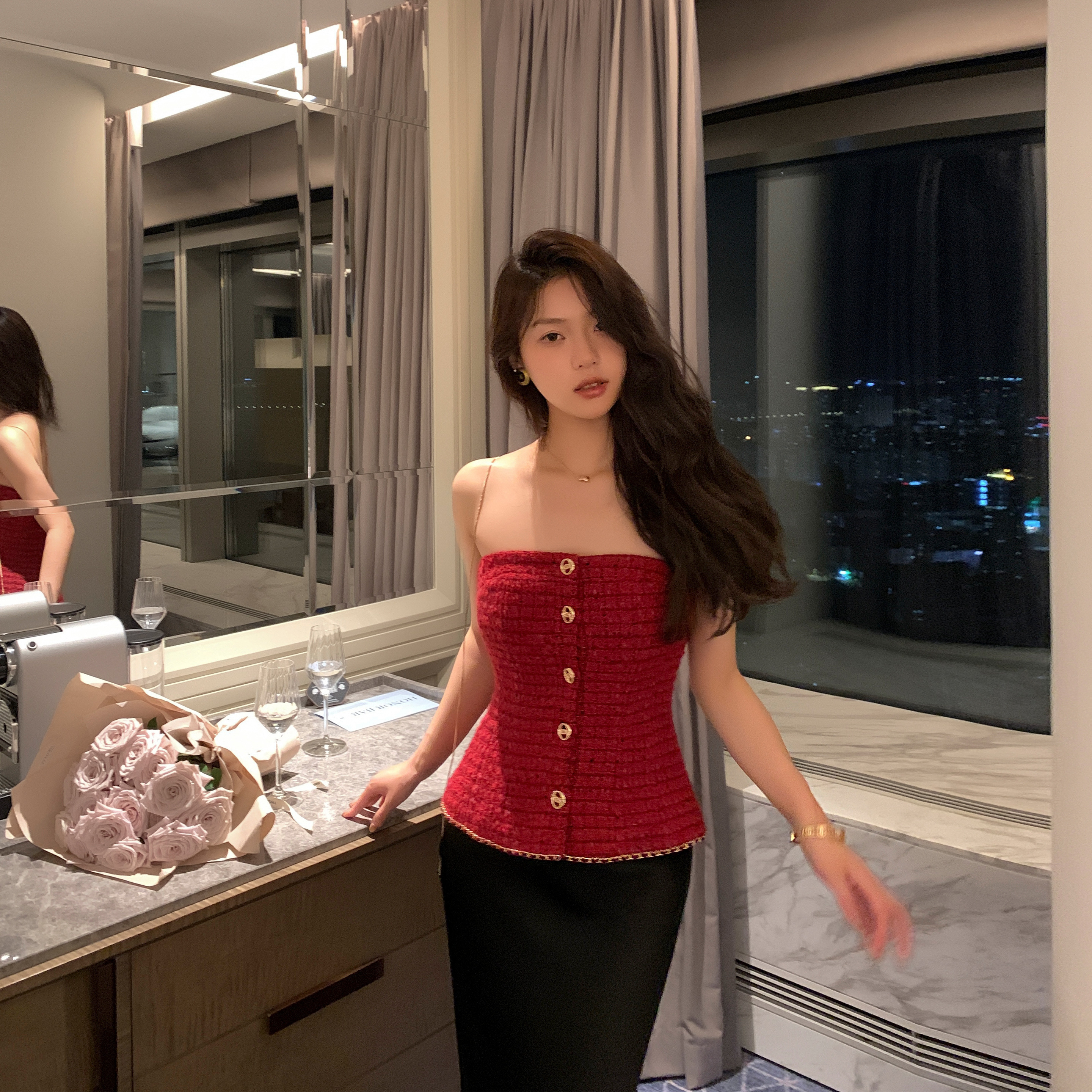 羊毛粗花呢红色小香风抹胸上衣