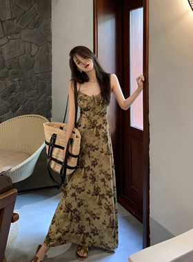 Middletone 赤茶玫瑰~法式复古水墨印花显瘦吊带上衣连衣裙长裙