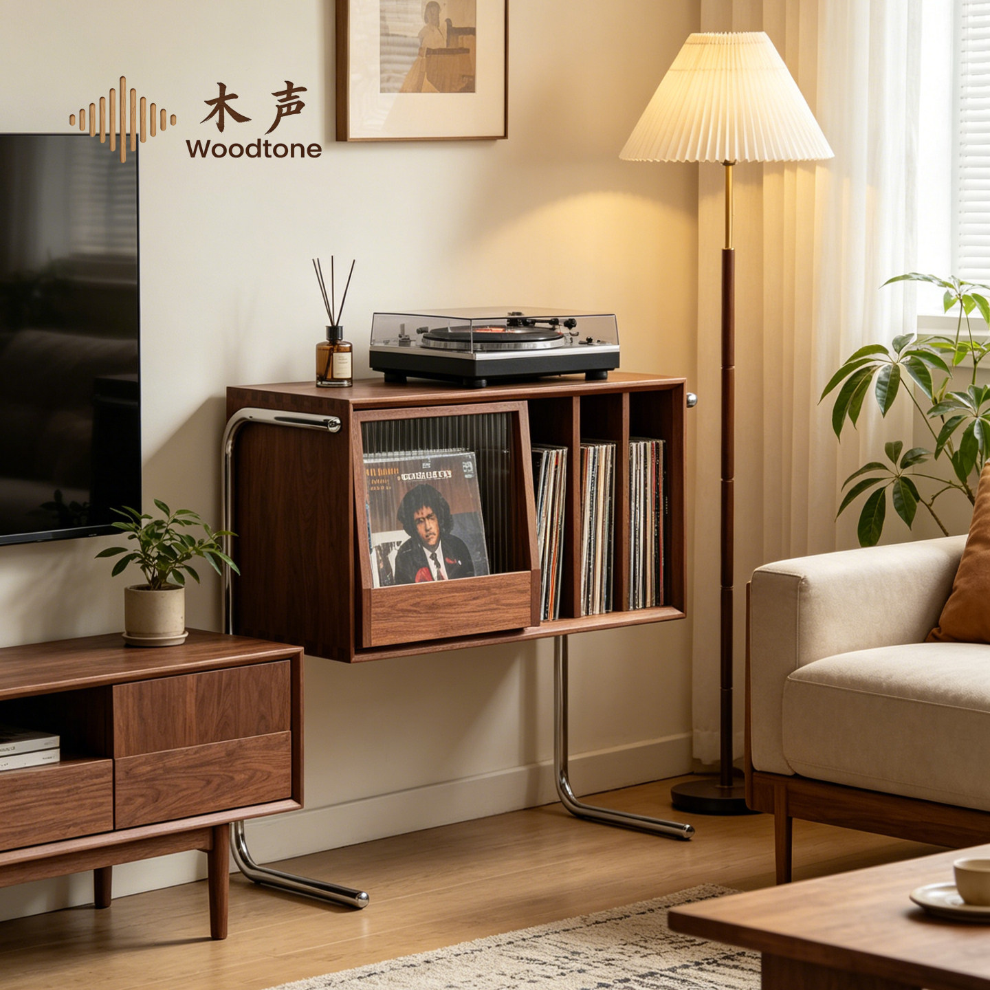 实木榫卯黑胶唱片柜长虹玻璃悬浮唱机柜唱片收纳柜客厅音响置物架