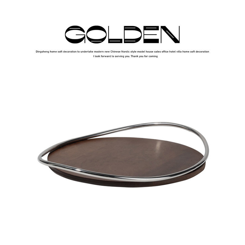 现代轻奢不锈钢圆底双弧把手木质托盘摆件家居客厅茶几装饰水果盘