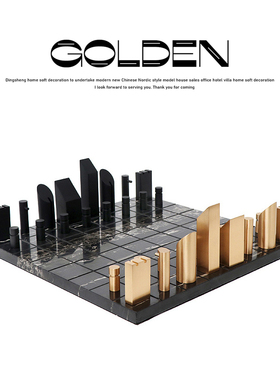 创意金属棋子大理石棋盘样板房卧室书房客厅摆件现代轻奢家居软装