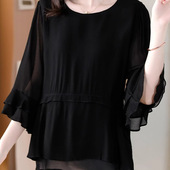 设计感小众妈妈洋气减龄黑色娃娃衫 新款 上衣 女夏季 宽松遮肚衬衫