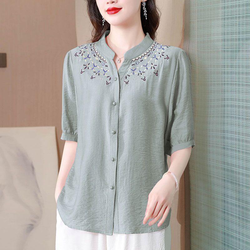新中式时尚绣花简约上衣女短袖夏装洋气减龄小衫宽松遮肚妈妈衬衫